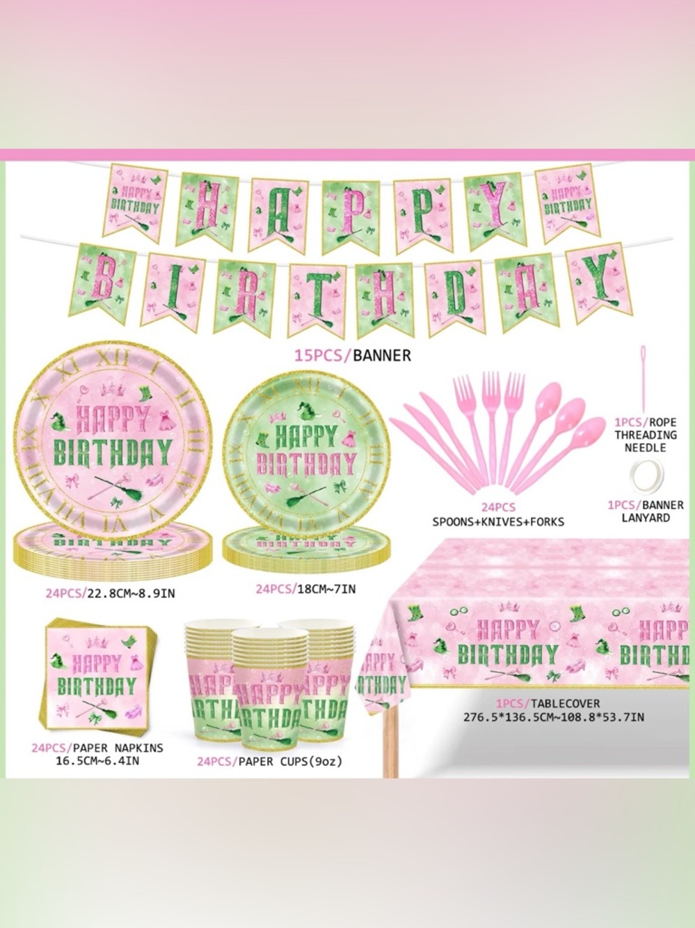 Wicked Party Tableware Set for 24- Pink & Mint Green Happy Birthday Collection
